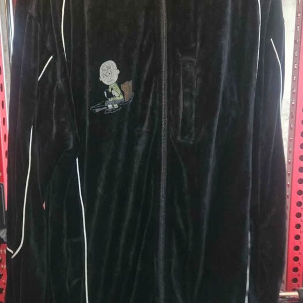 This black velour Number (N)ine track jacket with Charlie Brown images on front